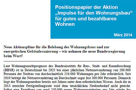 Positionspapier der Aktion „Impulse für den Wohnungsbau“ für gutes und bezahlbares Wohnen