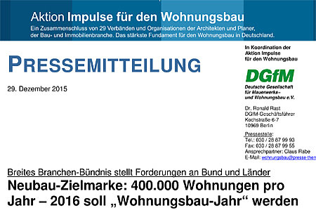 Pressemitteilung zu Positionspapier - Neubau-Zielmarke: 400.000 Wohnungen pro Jahr – 2016 soll „Wohnungsbau-Jahr“ werden