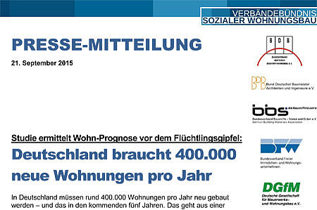 Pressemitteilung: Deutschland braucht 400.000 neue Wohnungen pro Jahr
