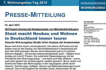 Pressemitteilung: Staat macht Neubau und Wohnen in Deutschland immer teurer